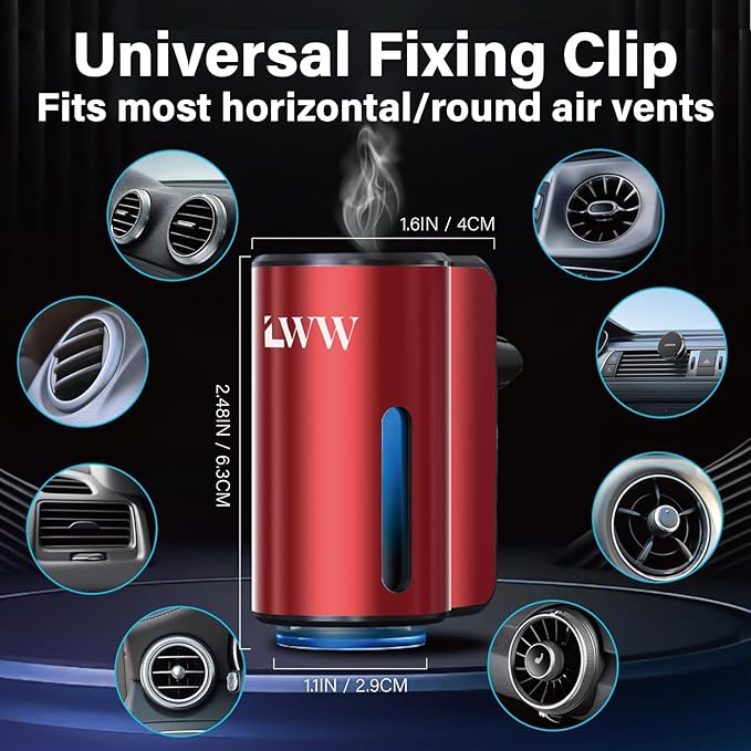 LWW Smart Car Air Freshener - 3 Levels Strength with Ventilation Clip Rechargeable Car Fragrance Atomizer - with 8 10ml Bottles of Fragrance Long Lasting Oil Diffuser (Red)