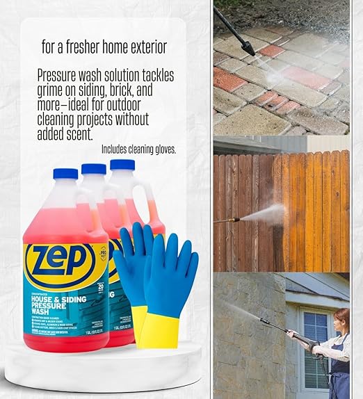 Zep No Scent House and Siding Pressure Wash 1 gal Liquid Bundle with Cleaning Gloves – Removes Dirt and Stains from Vinyl Siding Decks and Fences – Gift Set (3 Items)