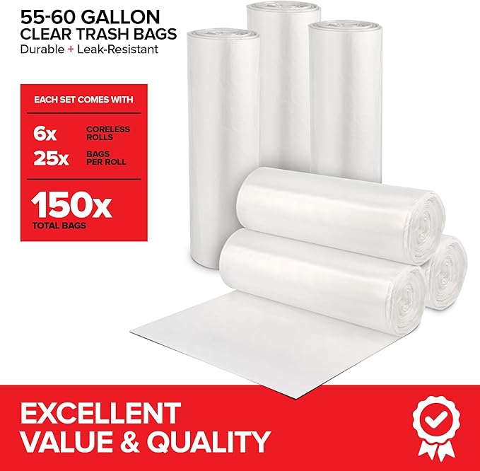 Stock Your Home 55-60 Gallon Clear Trash Bags (150 Pack) – Disposable Leak-Resistant Garbage Can Liners for Office Bathroom Deli Produce Dog Poop Cat Litter