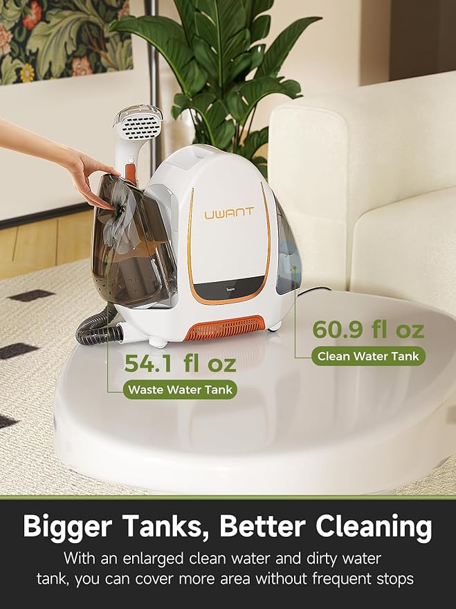 uwant Portable Carpet &amp Upholstery Cleaner Machine 15Kpa Powerful Suction Small Handheld Cleaner Carpet Shampooer for Rug Couch Furniture Pet Stains Car Auto Detailer B100 White and Orang