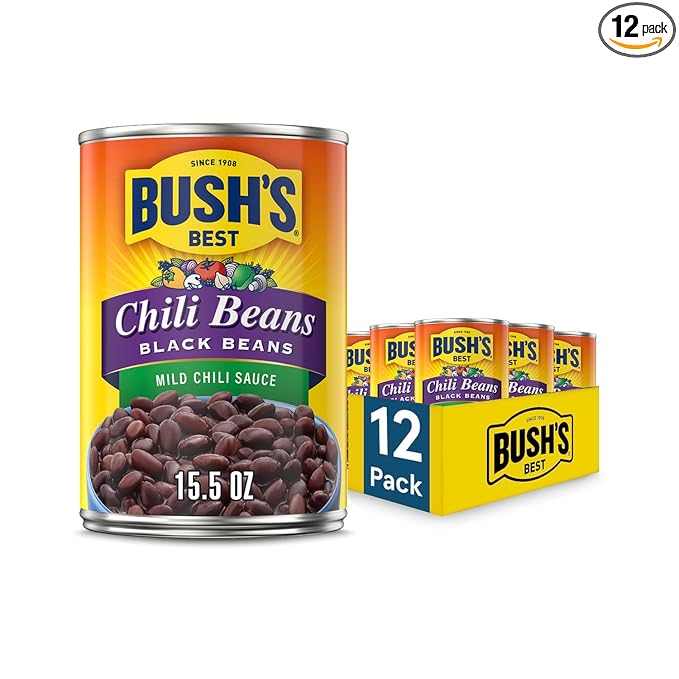 BUSH'S BEST 15.5 oz Canned Black Chili Bean/Mild Source of Plant Based Protein and Fiber Low Fat Gluten Free (Pack of 12)