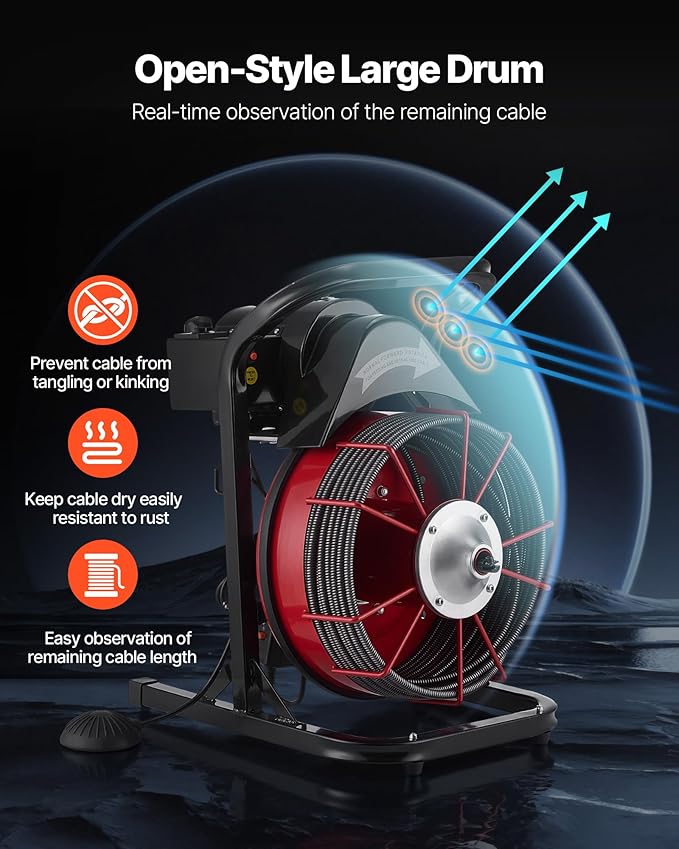 VEVOR Drain Cleaner Machine 75 FT x 1/2 Inch Sewer Snake Auger Manual Feed with 4 Cutters &amp Air-activated Foot Switch for 2 to 6 Pipes