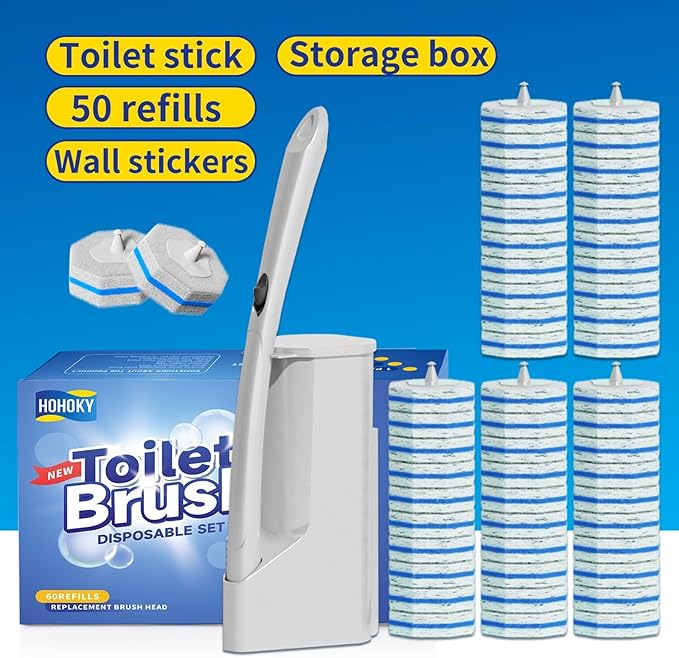 Disposable Toilet Brush Cleaning System with 50pcs Refills Pads Replacement Heads Toilet Cleaning Stick Wall Mounted Toliet Wand Kit Bathroom Maintenance Toilet Bowl Cleaner Wands Holder and Set