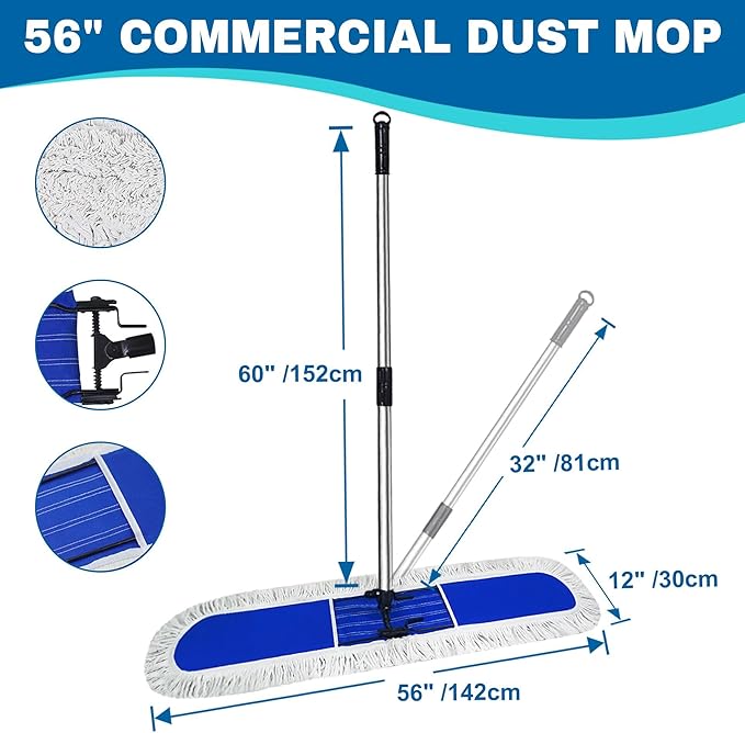 48 inch Commercial Dust Mop for Hardwood Floors Large Size Dry Mop Reusable Cotton Yarn Head Telescopic Stainless Steel Handle Industrial dust mops for Floor Cleaning Marble Blue