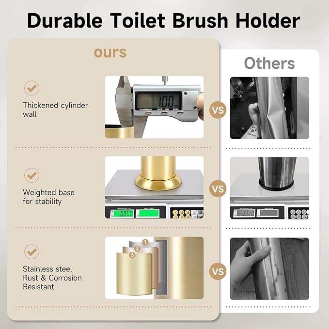 Brushed Gold Toilet Brush and HolderExtra Long Handled Toilet Brush for BathroomStainless Steel Heavy Duty Toilet Bowl BrushDeep Cleaning Modern Toilet Cleaner Brush -Space Saving Covered Brush