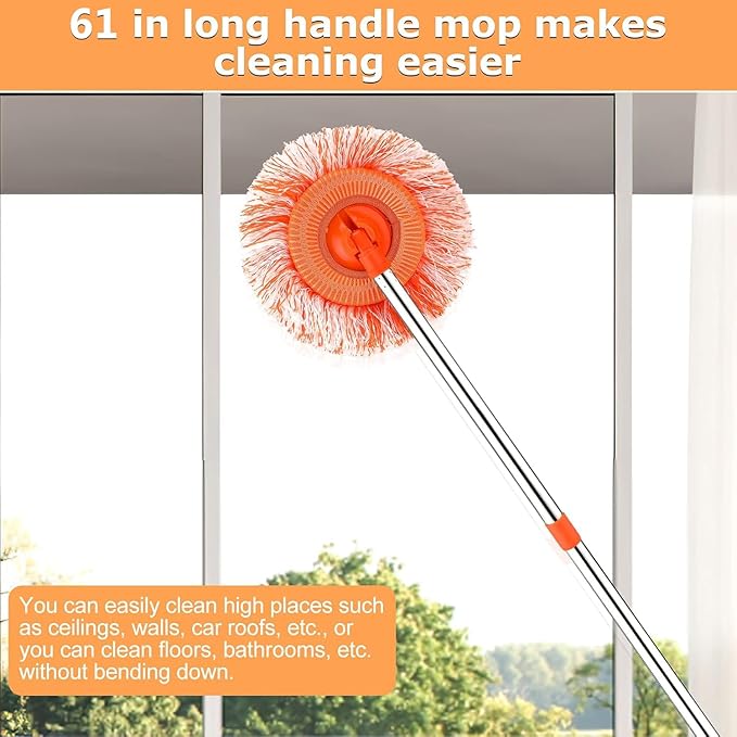 61 in Adjustable Cleaning Mop Dolodomy 180° Rotatable Mops for Floor Cleaning with 4 Reusable Heads 2 Fabrics Wall Mop for Floor Door Window Ceiling and Bathroom