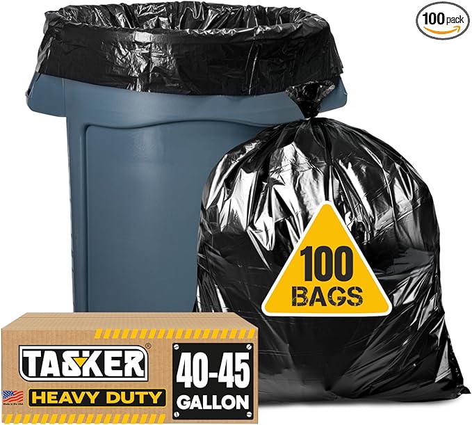 Tasker 45 Gallon Trash Bags (Value-Pack 100 Bags w/Ties) Extra Large Black Garbage Bags - 39 Gallon - 40 Gallon - 42 Gallon - 44 Gallon - 45 Gallon Large Trash Bag Can Liners Capacity