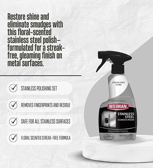 Weiman Floral Scent Stainless Steel Cleaner &amp Polish 12 oz Liquid Bundle with Microfiber Cloth – Cleans and Polishes Appliances and Sinks – Gift Set (4 Items)