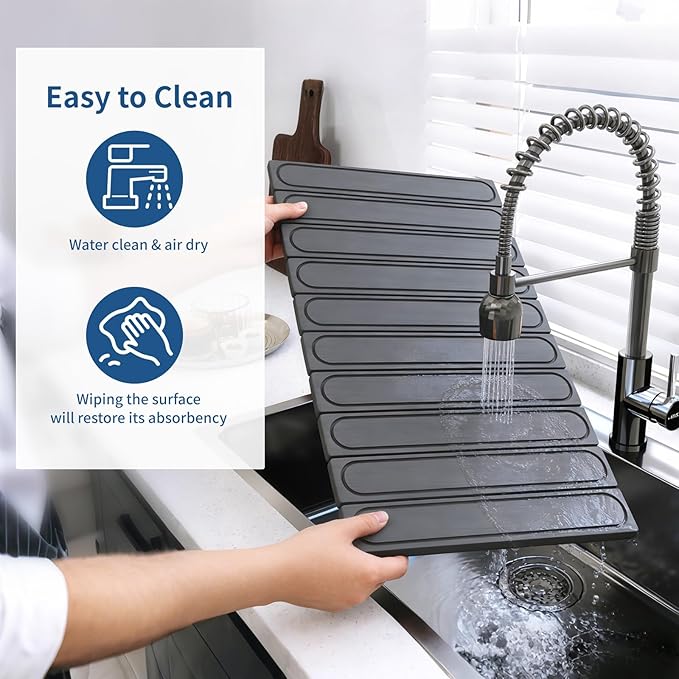 Hopegiver Stone Drying Mat for Kitchen Counter 24 x 16 Quick Dry Diatomaceous Earth Dish Drying Mat Super Absorbent Non-Slip &amp Foldable Modern Gray Carve Countertop Mat (GrayCarve24''x16'')