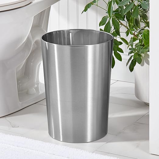 mDesign Stainless Steel Round Metal Trash Can Small 4 Gallon Wastebasket Garbage Basket Bin for Bathroom Bedroom Kitchen or Home Office Holds Waste and Recycle Mirri Collection Brushed
