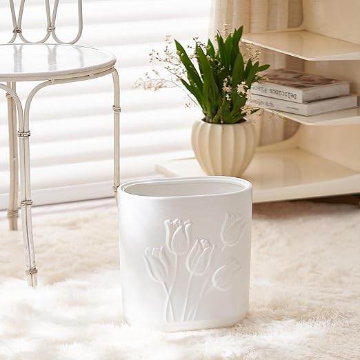 White Ceramic Tulips Small Bathroom Trash Can 2.6 Gal (10 Liter) - Heavy &amp Decorative Garbage Bin for Bathroom Kitchen Office Bedroom &amp Living Room Corner