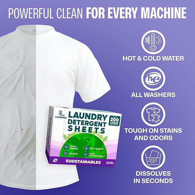 Sudstainables Laundry Detergent Sheets 200 Loads – Dissolvable Laundry Sheet for Washing Machines Compact Alternative to Liquid &amp Powder Detergent Travel-Friendly Soap | Lavender