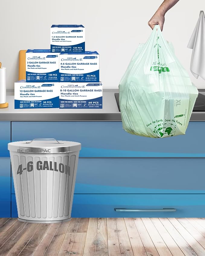 4-6 Gallon Compostable Trash Bags 150 Count - Kitchen Trash Bags with Handle Sturdy Biodegradable Garbage Bags for Food Scrap Waste ASTM D6400 US BPI Certified