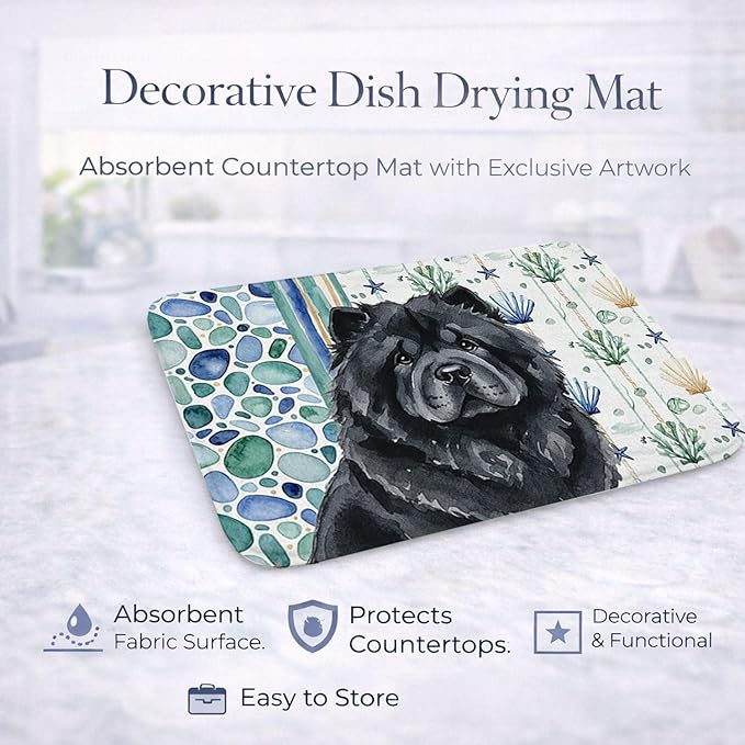 Caroline's Treasures Black Chow Chow Coastal Sea Glass Dish Drying Mat Absorbent Dish Drying Mat Pad for Kitchen Counter Dish Drainer Mat for Countertop 14 x 21 Multicolor