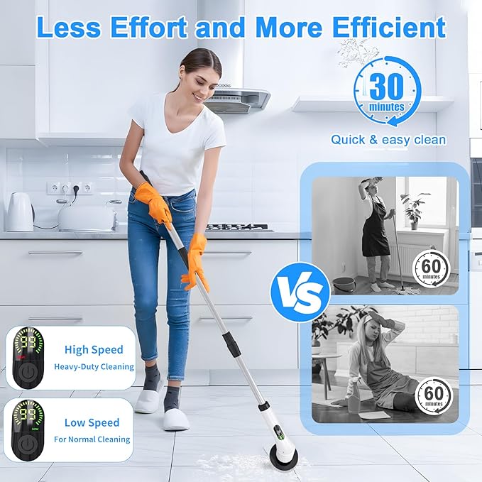Electric Spin ScrubberCleaning Scrubber Brush Electric for Home with Power LCD DisplayCordless Bathroom Scrubber for Bathroom Tile Glass CleaningAdjusted Head Angle with 7 Replaceable Heads