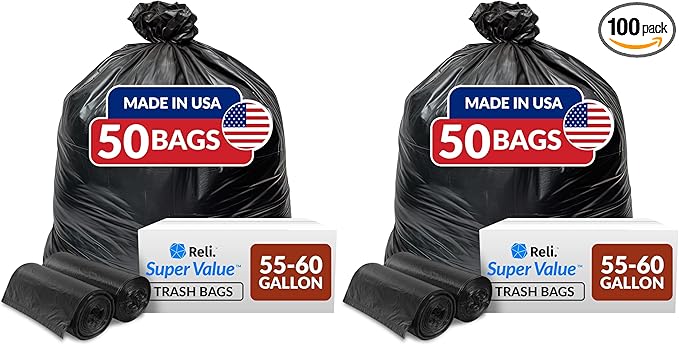 Reli. 55-60 Gallon Trash Bags Heavy Duty | 50 Bags | 50-60 Gallon | Large Black Garbage | Made in USA (Pack of 2)