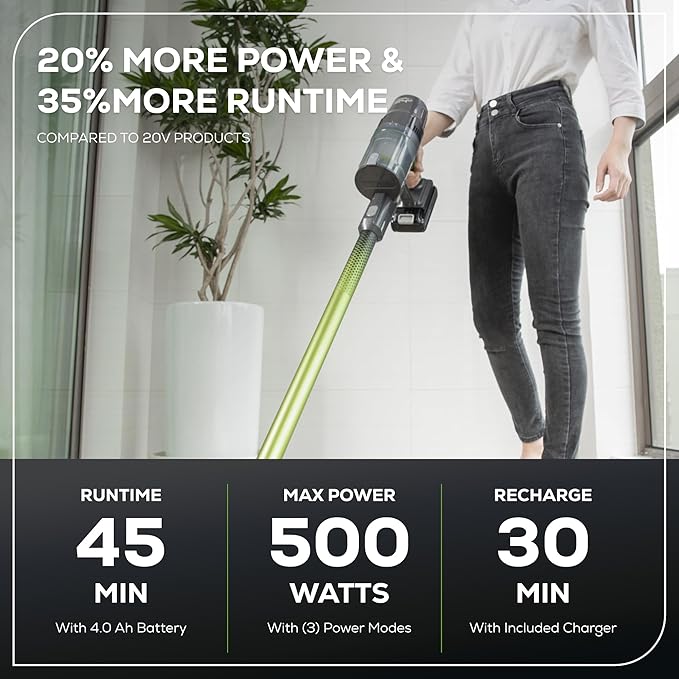 Greenworks 24V Brushless Cordless Stick Vacuum Lightweight Handheld Pet Anti-Allergen HEPA Filtration Hard Floor Carpet Car 4Ah Battery and 30-Minute Charge Time (Green)