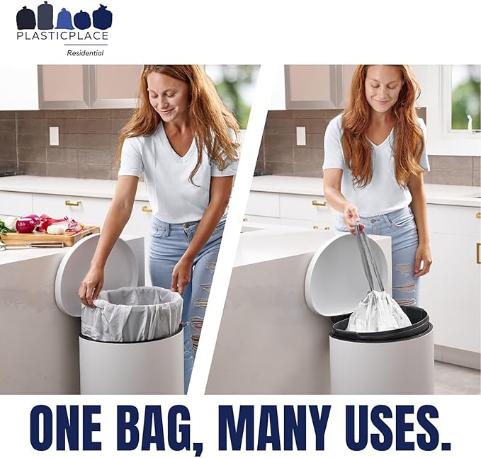 Plasticplace Trash Bags Compatible with simplehuman Code M Packs White Drawstring Garbage Liners 12 Gallon / 45 Liter 21 x 30.5 (20 Count/5 Pack)