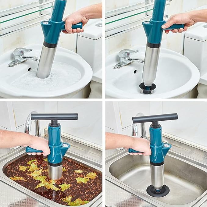 Toilet Plunger Drain Clog Remover with 4 Sized Suckers High Pressure Dredge Plumbing Tool with Barometer Stainless Steel Toilet Dredge for Sewer Pipe Dredging