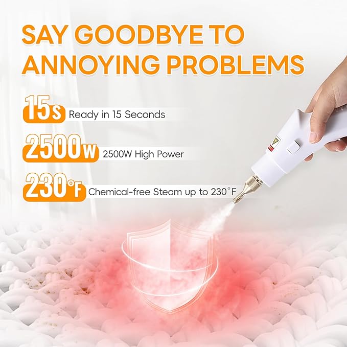 Heavy Duty Handheld Steam Cleaner 15s Heat-Up 9-Level Adjustable 2500W Pressurized Steamer for Cleaning with 14 Accessories Multipurpose Portable Steam Cleanr for Home Car Grease Grout（Orange）