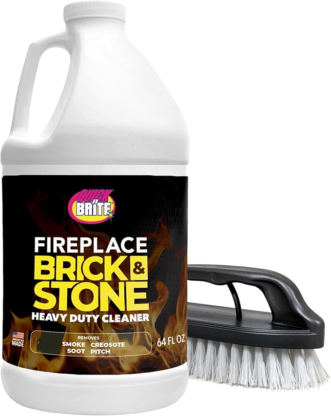 Quick 'n Brite Fireplace Brick and Stone Cleaner 64oz - Natural Stone Tile and Marble Cleaner with Scrub Brush - Indoor Fireplace and Wood Stove Cleaning Kit - Pellet Stove Creosote Remover