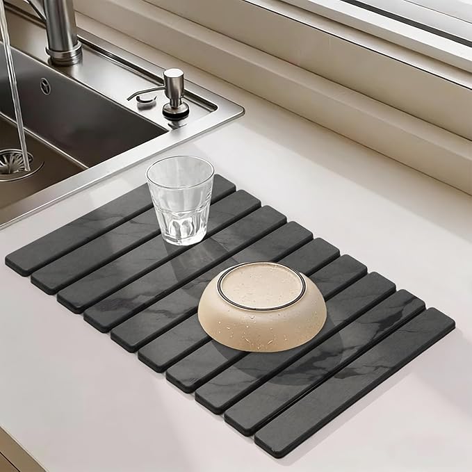 Large Stone Dish Drying Mat for Kitchen Counter Quick Dry Stone Dishes Mats Foldable Water Absorbing Diatomaceous Drying Pad for Countertop Bottles Utensils Cups Bathroom (Dark Gray 24x16)