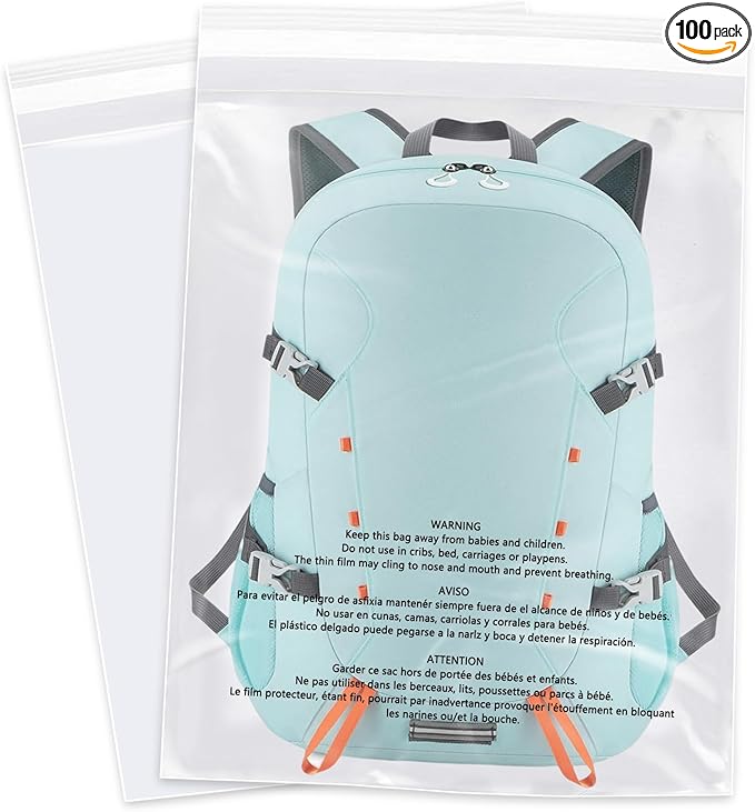 18 x 24 (100 Count) - Clear Poly Bags with Suffocation Warning Self Seal for Packaging Shirts Clothing &amp FBA - Permanent Adhesive