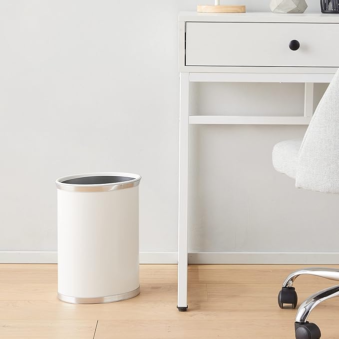 Kraftware Leatherette Wastebasket 14 White with Brushed Chrome