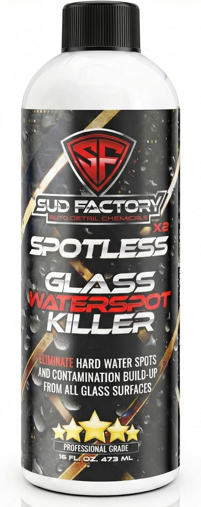 Sud Factory Hard Water Spot Remover for Glass Spotless X2 - Removes Water Stains from Shower Doors Car Windows Windshields - Professional Strength 16oz