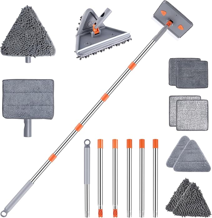 Adjustable Baseboard Cleaner Tool with 81.5'' Handle 360° Rotatable Wall Cleaner Mop 180° Flipping Ceiling Cleaning Mop Tool with 2 Mops 8 Reusable Pads for Walls Baseboard Window Floor