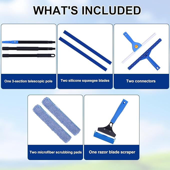 3-in-1 Professional Window Squeegee Kit with 2 Squeegee 2 Microfiber Scrubber 1 Razor Scraper Thick Iron 48.8 Window Squeegee with Extension Pole for Car Glass Mirror Wall Bathroom Home Van
