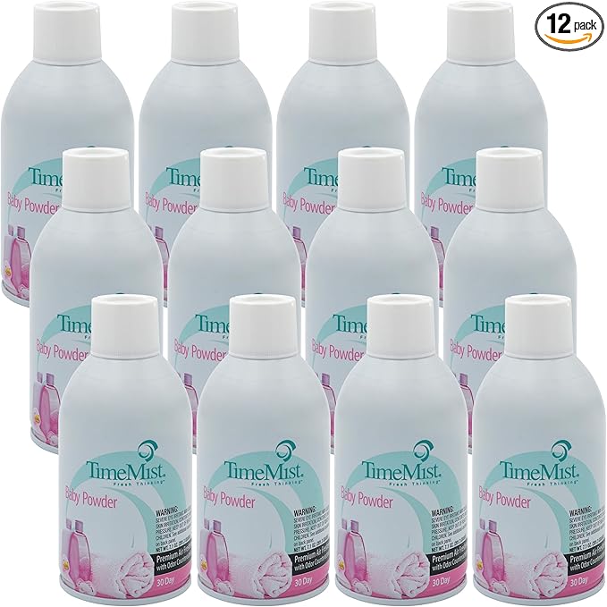 TimeMist Premium Metered Air Freshener Refills - Baby Powder - 7.1 oz (Case of 12) 1042686 - Lasts Up To 30 Days and Neutralizes Tough Unwanted Odors