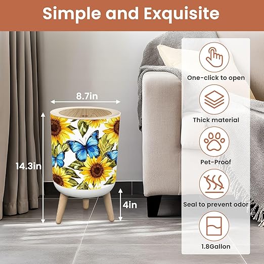 Bathroom Trash Can with Lid Beautiful Seamless Sunflowers Blue Butterflies White Garbage Bin Waste Basket for Kitchen Office Bedroom Decoration Diaper Pail 1.8 Gallon