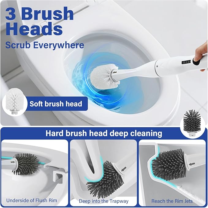 Electric Toilet Brush Scrubber and Holder SetElectric Toilet Bowl Cleaning Kit with 8 Disposable Refill HeadsHard Nylon Brush and Soft Silicone Brush