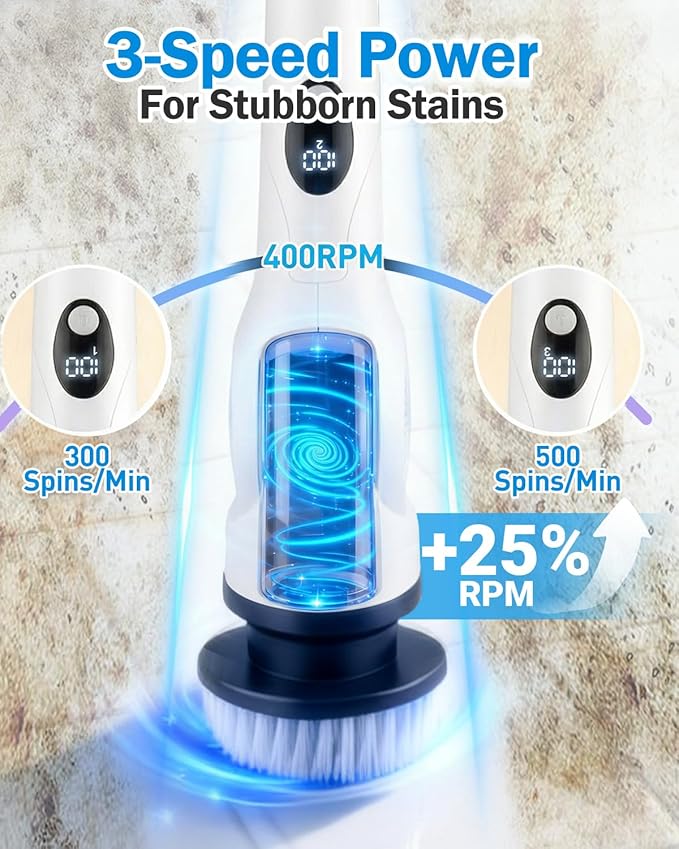 Electric Spin Scrubber 3-Speed Cordless Shower Scrubber with Long Handle &amp 10 Replaceable Brush Heads 90 Mins Runtime &amp Full-Body IPX7 Waterproof Shower Cleaner Brush for Bathroom Kithchen