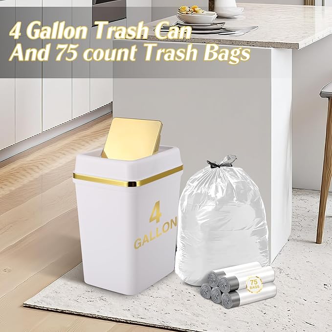 Bathroom Trash Can with Lid 4 Gallon Trash Can Small Garbage Can White Trash Can with 300 Counts Trash Bags for Kitchen Bedroom Office Dorm
