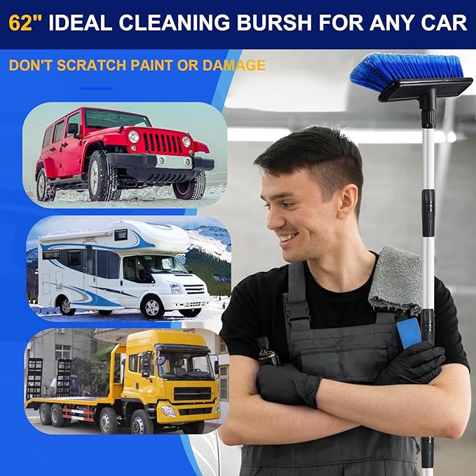62 Car Wash Brush Mop with Long Handle 10 Soft Bristle Scrub Scratch-Free Car Cleaning Brush Supplies Broom Kit for RV Boat Truck SUV House Siding Snow Floors Extension Aluminum Alloy