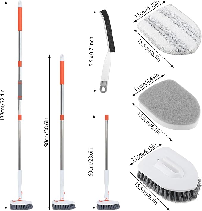 3 in 1 Tub Tile Scrubber Brush52 Inch Long Handle Shower Scrubbing with Locked Head Shower Cleaning Brush for Bathroom Kitchen Toilet Wall Sink