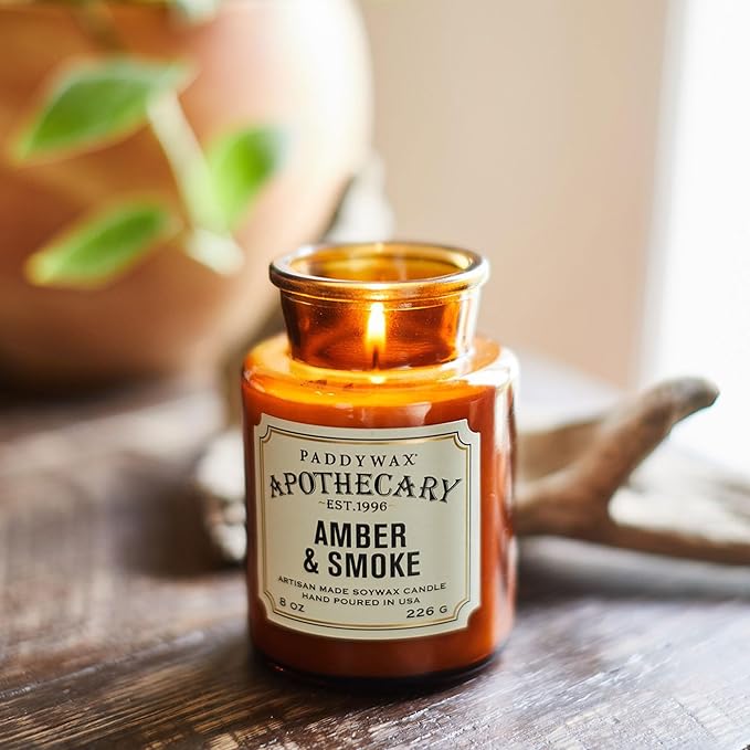 Paddywax Artisan Apothecary Scented Candle with Lid in Reusable Glass Jar Clean-Burn Soy Candle with Approx. 54 Hour Burn Time Amber &amp Smoke 8 oz.
