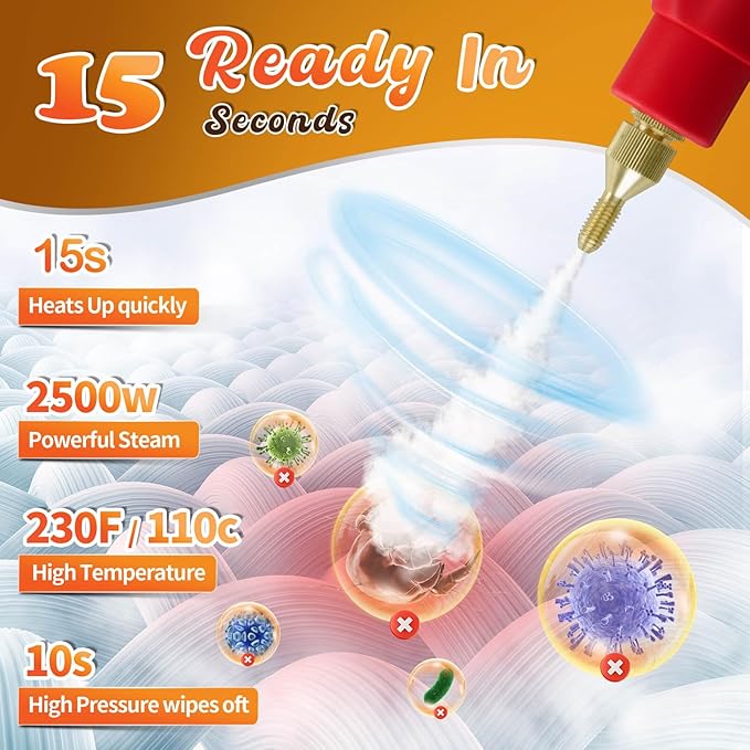 2500W Handheld Steam CleanerSteamer for Cleaning15SFast Heating High Pressure Portable Steam Cleaner w/5 Brushes and Extended Rod (Red - Steam Cleaner)