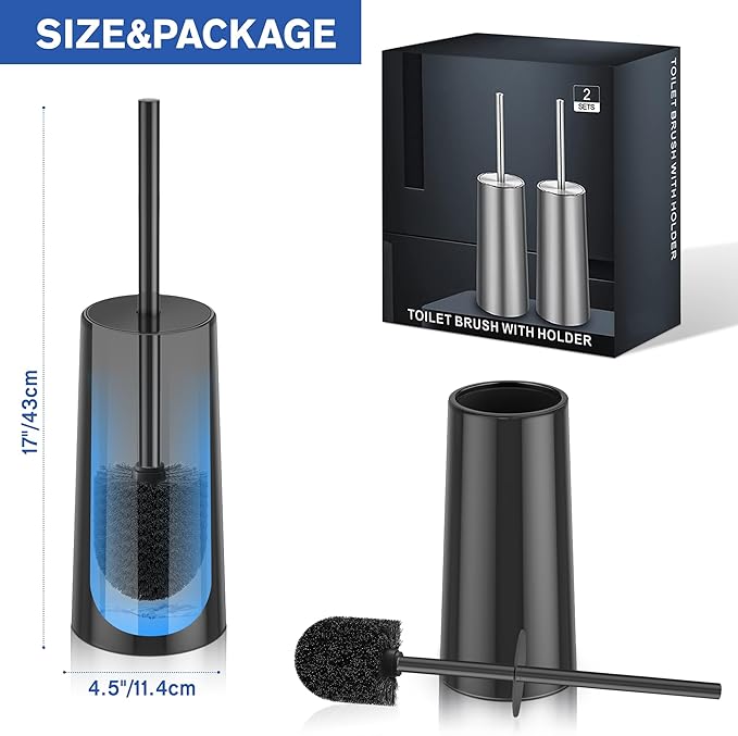 Toilet Brush and Holder 2 Pack Toilet Brush Stainless Steel Toilet Bowl Brush for Bathroom Toilet-Ergonomic ElegantDurable (Black)