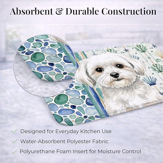 Caroline's Treasures Maltese Coastal Sea Glass Dish Drying Mat Absorbent Dish Drying Mat Pad for Kitchen Counter Dish Drainer Mat for Countertop 14 x 21 Multicolor