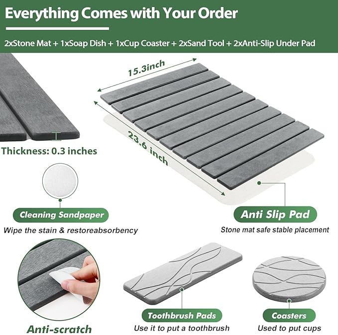 2 Pcs Stone Bath Mat Multipurpose Foldable Stone Bathmat 23x15 Inch Water Absorbing Drying Mat for Kitchen Counter Bathroom Self Drying Bath Mats Gray Quick Dry Bathmat for Bathroom Dish Palnt Dry