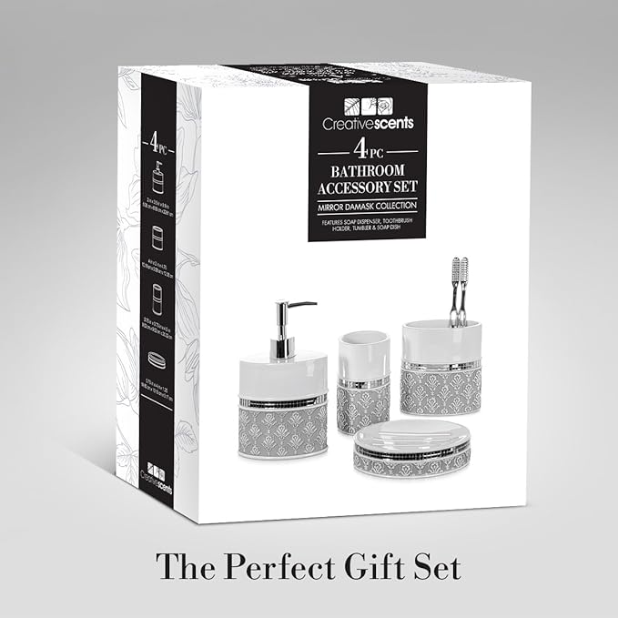 Creative Scents Mirror Damask Bathroom Accessory Set Complete - Decorative 4 Piece White and Gray Bathroom Set Includes: Soap Dispenser Soap Dish Toothbrush Holder and Tumbler
