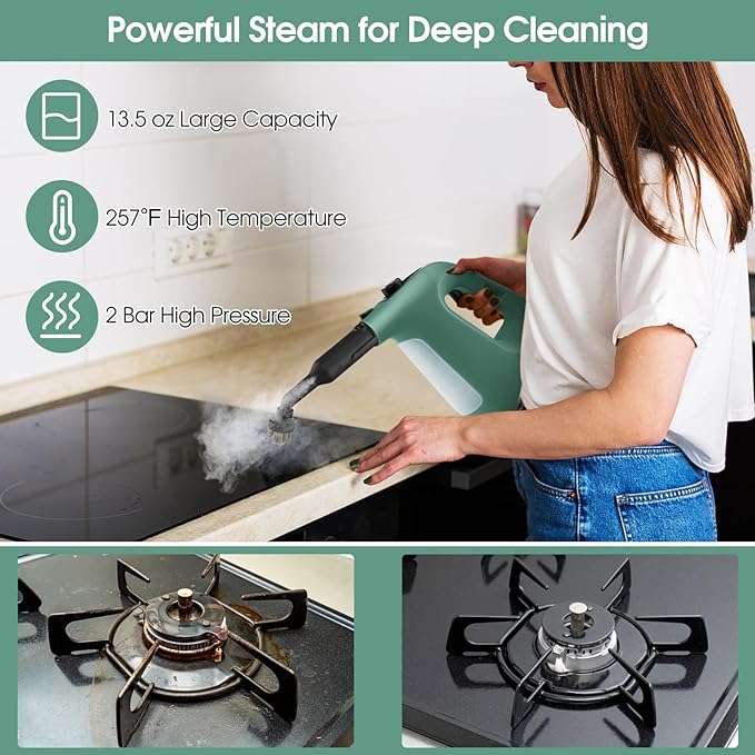 S AFSTAR Handheld Steam Cleaner 1400W Pressurized Steamer with 14-Piece Accessories &amp Child Lock Multipurpose Portable Steamshot Steam Mop for Cleaning Kitchen Floor Sofas Car Windows (Green)