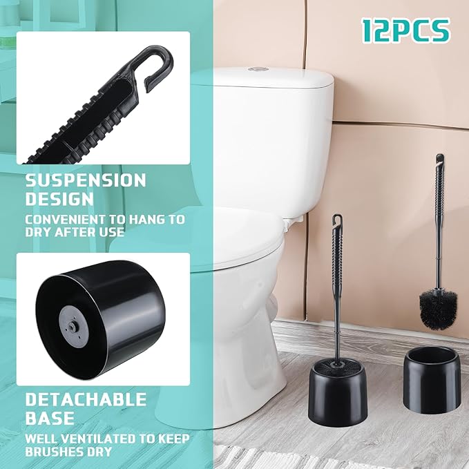 Roshtia 12 Sets Toilet Brush and Holder Set for Bathroom Toilet Bowl Brush Scrubber with Caddy for Deep Cleaning 14.57 Height (Black)