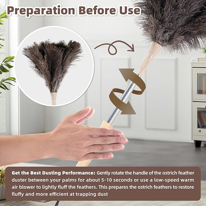 Ostrich Feather Dusters for Cleaning Kit - Reusable Soft Feather Duster Extendable to 49 inches for Cleaning Ceiling Fan High Ceiling Blinds &amp Retractable Small Duster for Keyboard Car