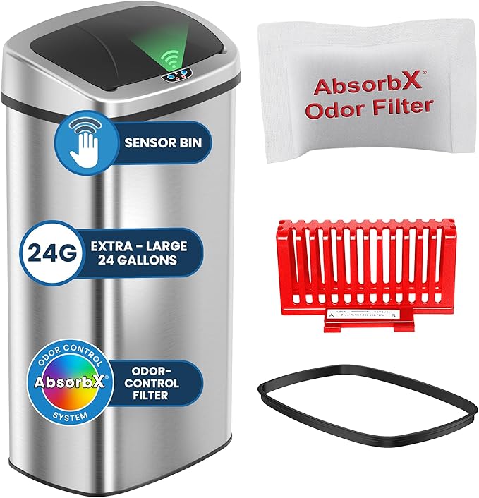 iTouchless 91 Liter / 24 Gallon Sensor 2.0 Kitchen Trash Can with Lid Commercial Grade Automatic Stainless Steel Touchless Recycle Bin AbsorbX Odor Filter for Home Office Restaurant Lobby Store