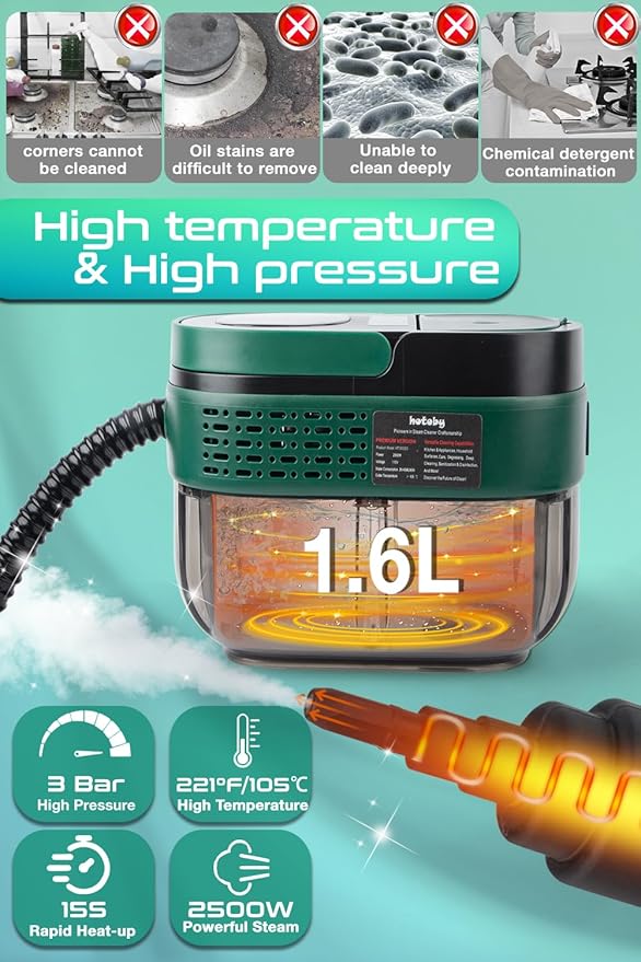 Handheld Steam Cleaner with Handle Control 1.6L Large Water Tank 3-Level Adjustable Thickened Hose Portable Steam Cleaner High Temperature Pressurized Steamer for Home Kitchen Car (Dark Green)