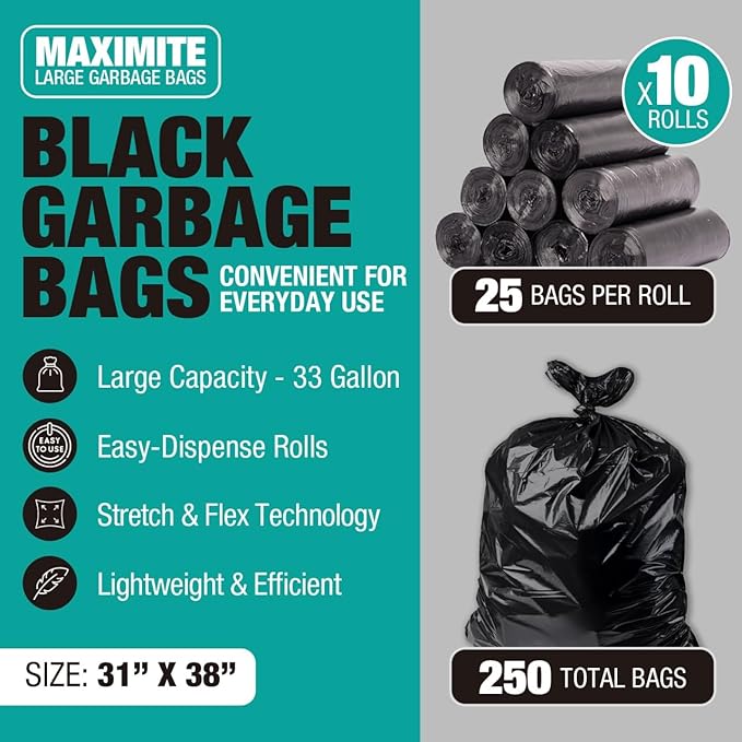 32-33 Gallon Black Trash Bags Heavy-Duty | 32” x 38” | 250 Count Bulk Pack | Large Durable &amp Tear-Resistant Garbage Bags for Home Commercial Construction &amp Outdoor Use